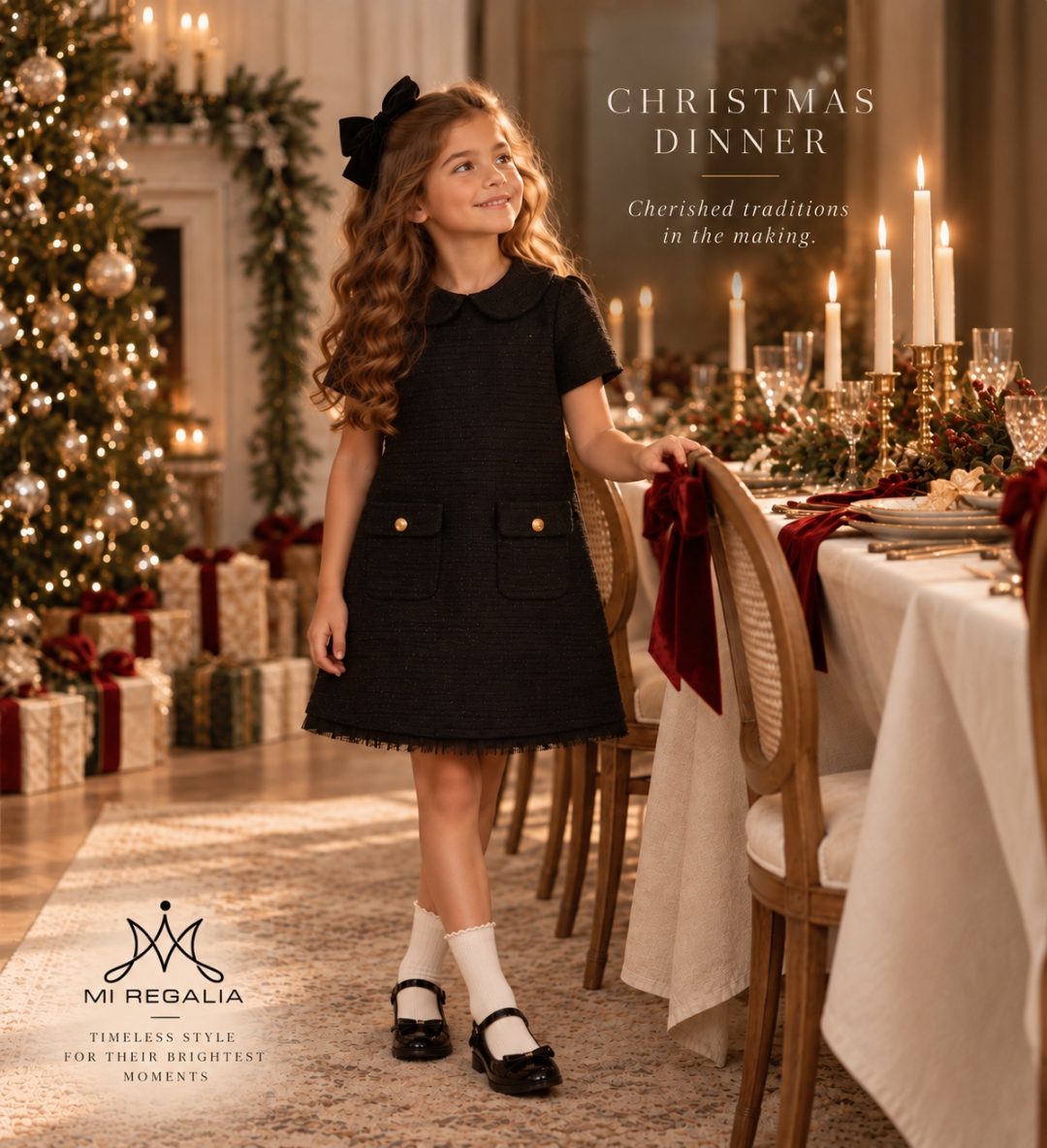Girl in a black tweed Peter Pan collar Christmas party dress by Mi Regalia at a formal holiday dinner table