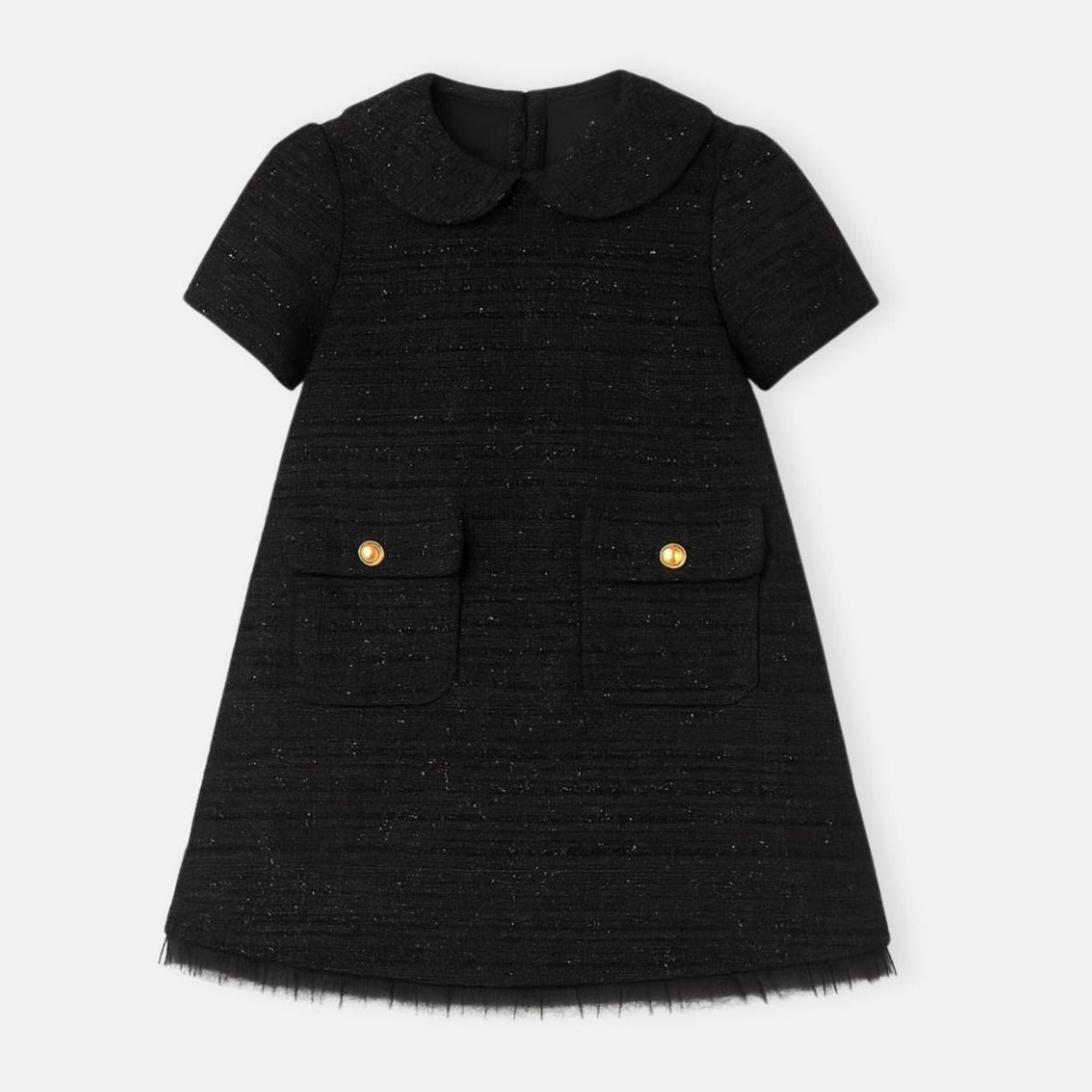 MI REGALIA Coco Charm Dress – Luxury Kids Black Knit Dress with Peter Pan Collar &amp; Pleated Tulle Hem (Sizes 5Y–10Y) Coco Charm Dress | Luxury Kids Black Knit Dress