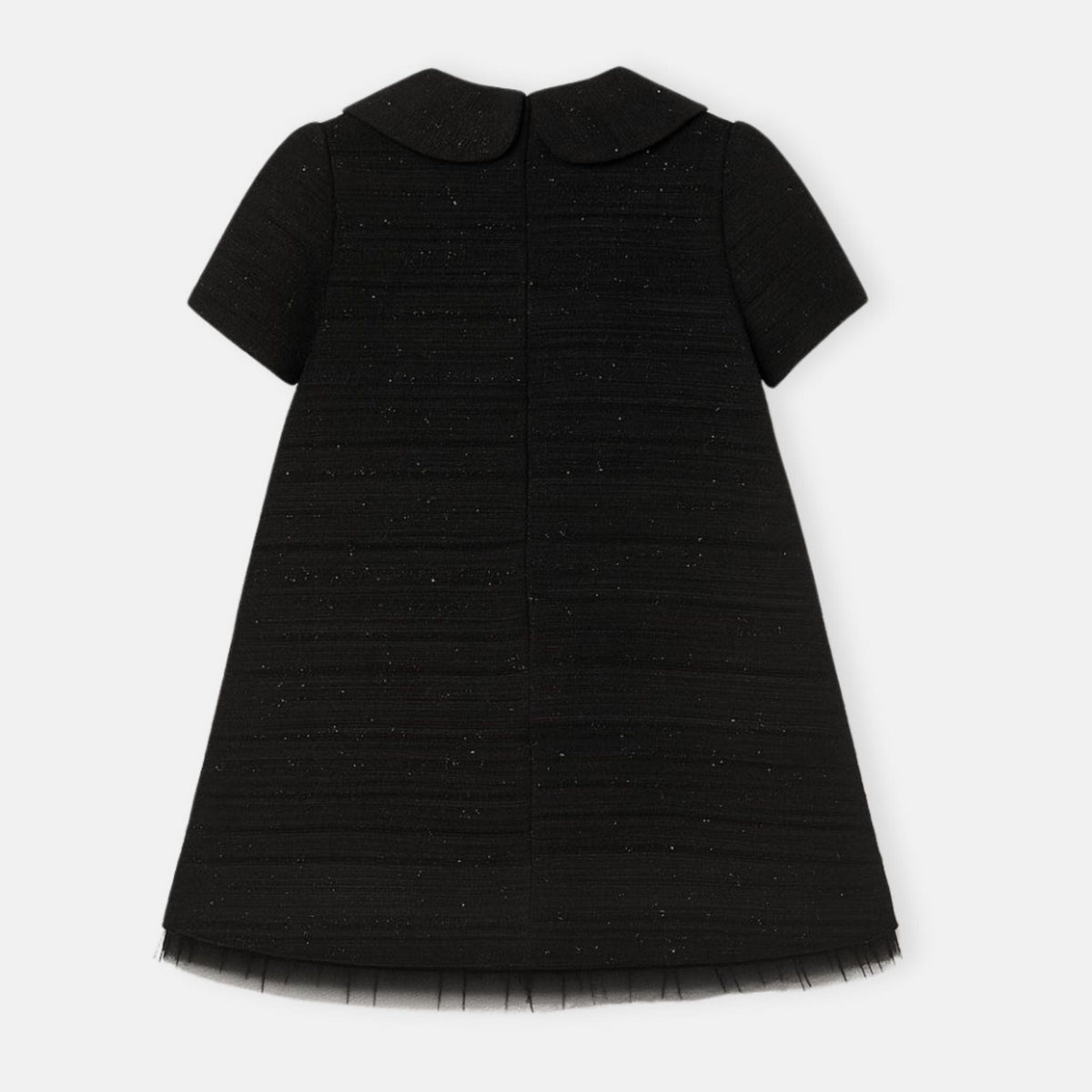 MI REGALIA Coco Charm Dress – Luxury Kids Black Knit Dress with Peter Pan Collar &amp; Pleated Tulle Hem (Sizes 5Y–10Y) Coco Charm Dress | Luxury Kids Black Knit Dress