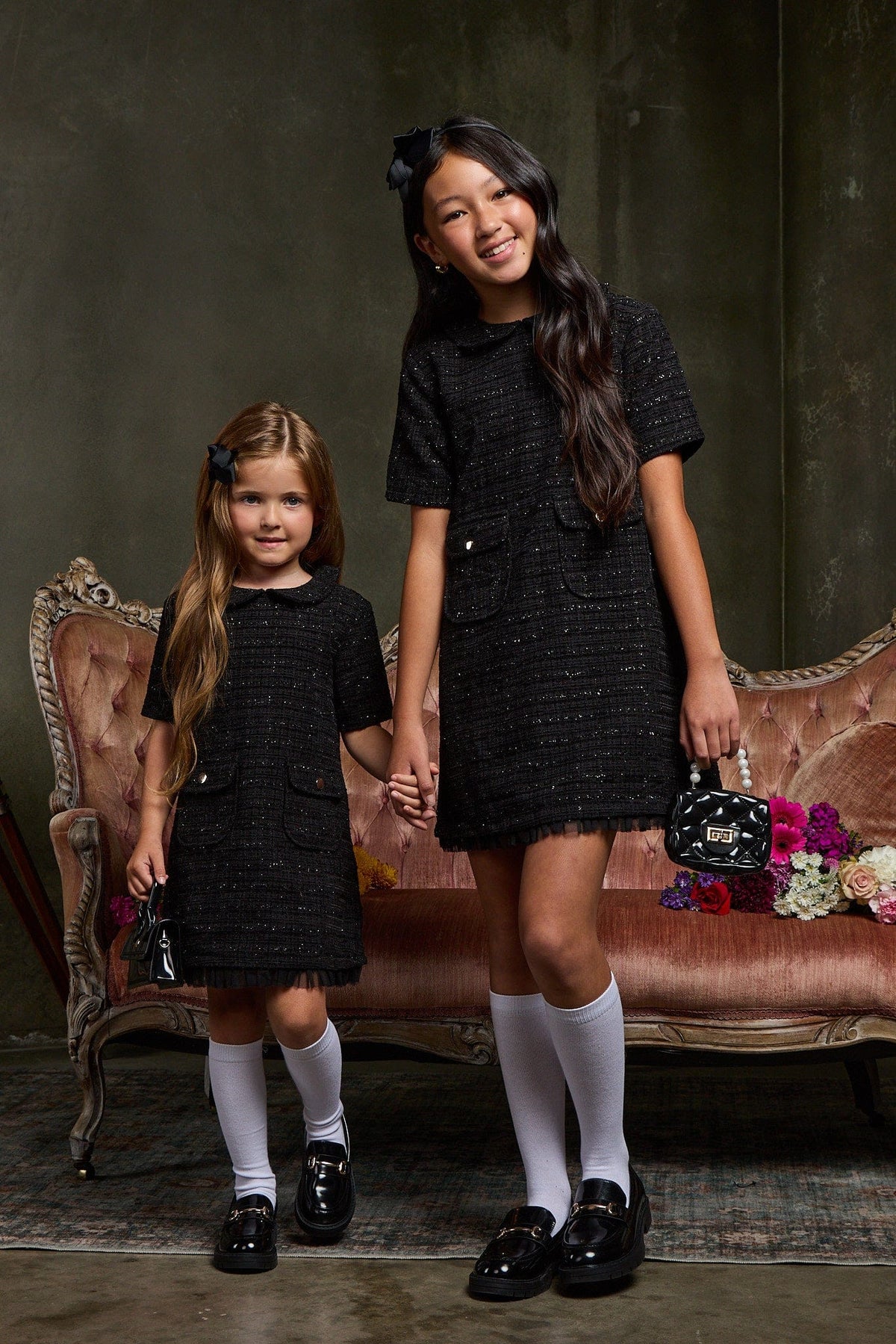 MI REGALIA Dresses Colette Dress – Luxury Kids Black Tweed A-line Dress with Peter Pan Collar &amp; Pleated Tulle Hem Coco Charm Dress | Luxury Kids Black Knit Dress