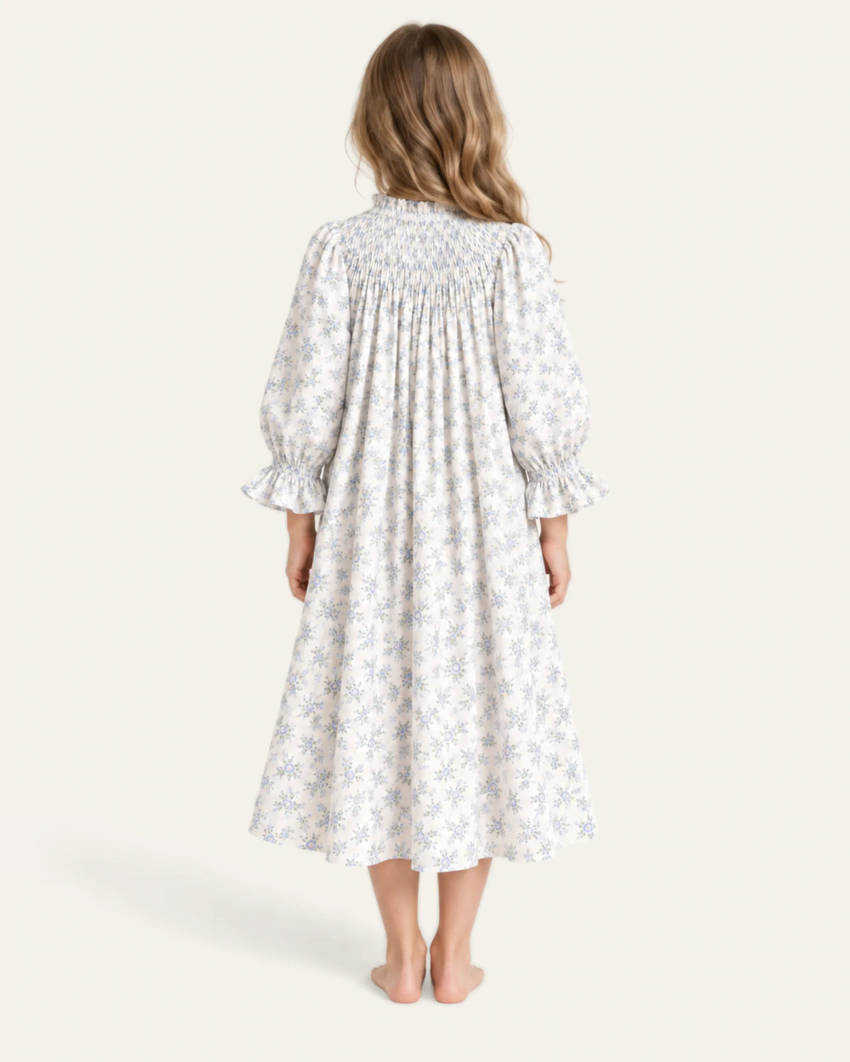 Mi Regalia Dresses Lily White Dress with Blue Floral Print Lily Smocked Floral Dress for Girls | At-Home Elegance