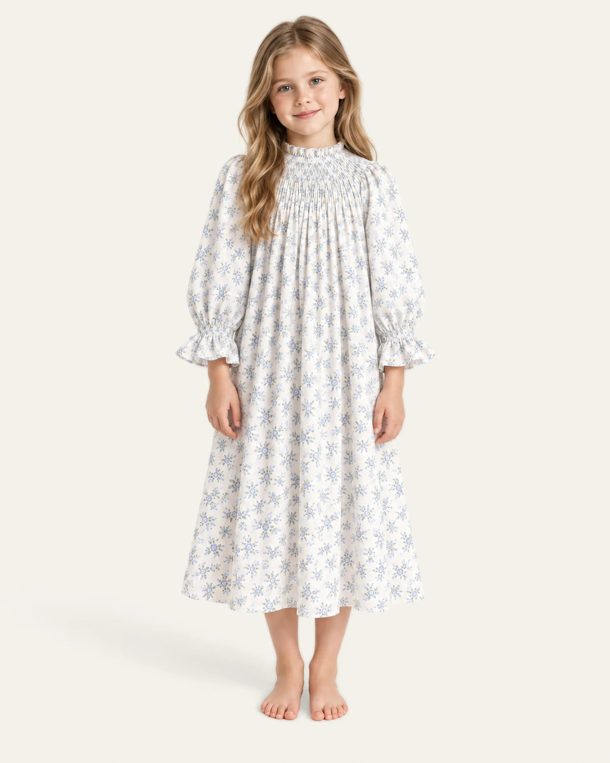 Mi Regalia Dresses Lily White Dress with Blue Floral Print Lily Smocked Floral Dress for Girls | At-Home Elegance