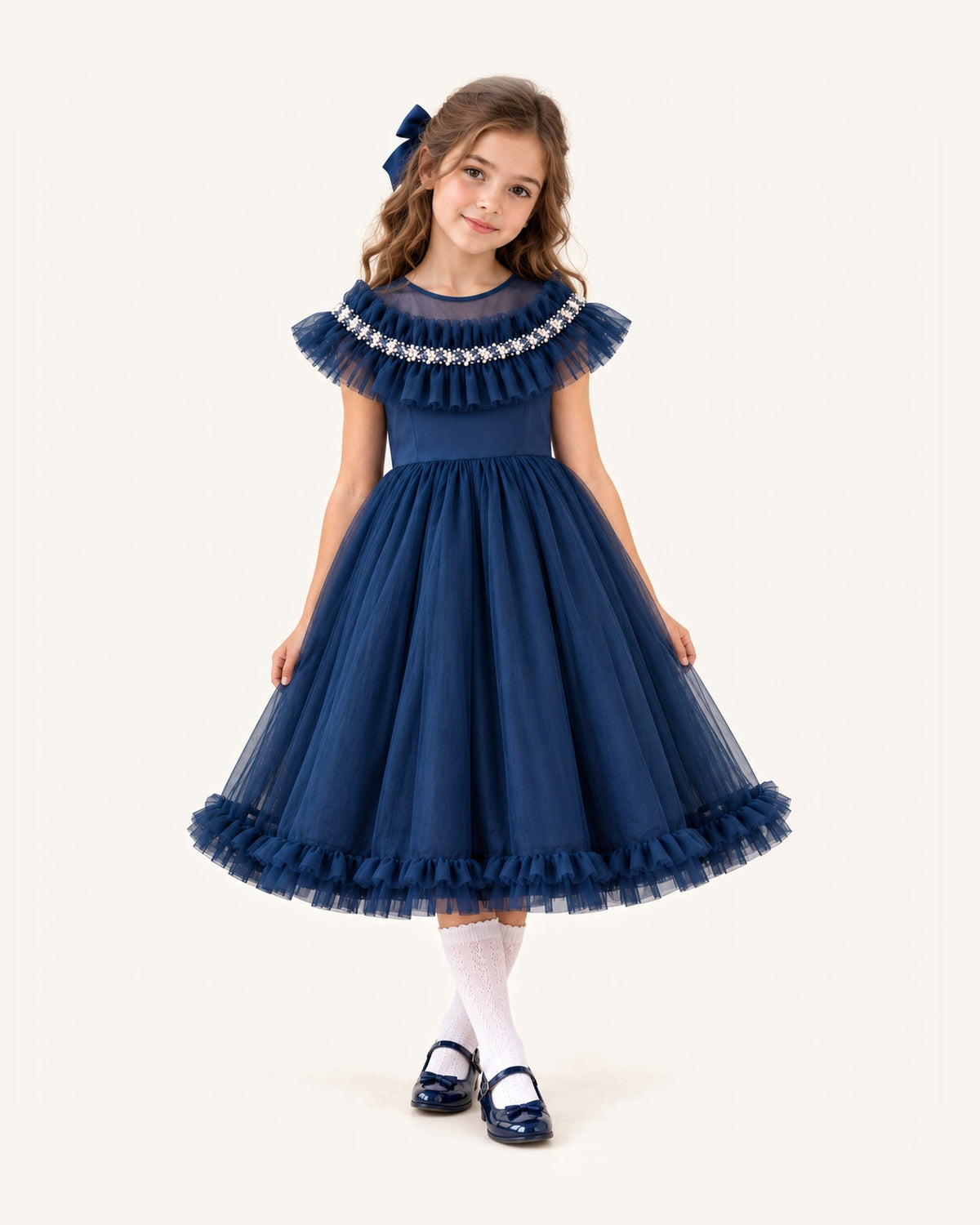 Mi Regalia Dresses Viola Navy Blue Tulle Occasion Dress for Girls Navy Tulle Dress for Girls | Winter Wedding & Party