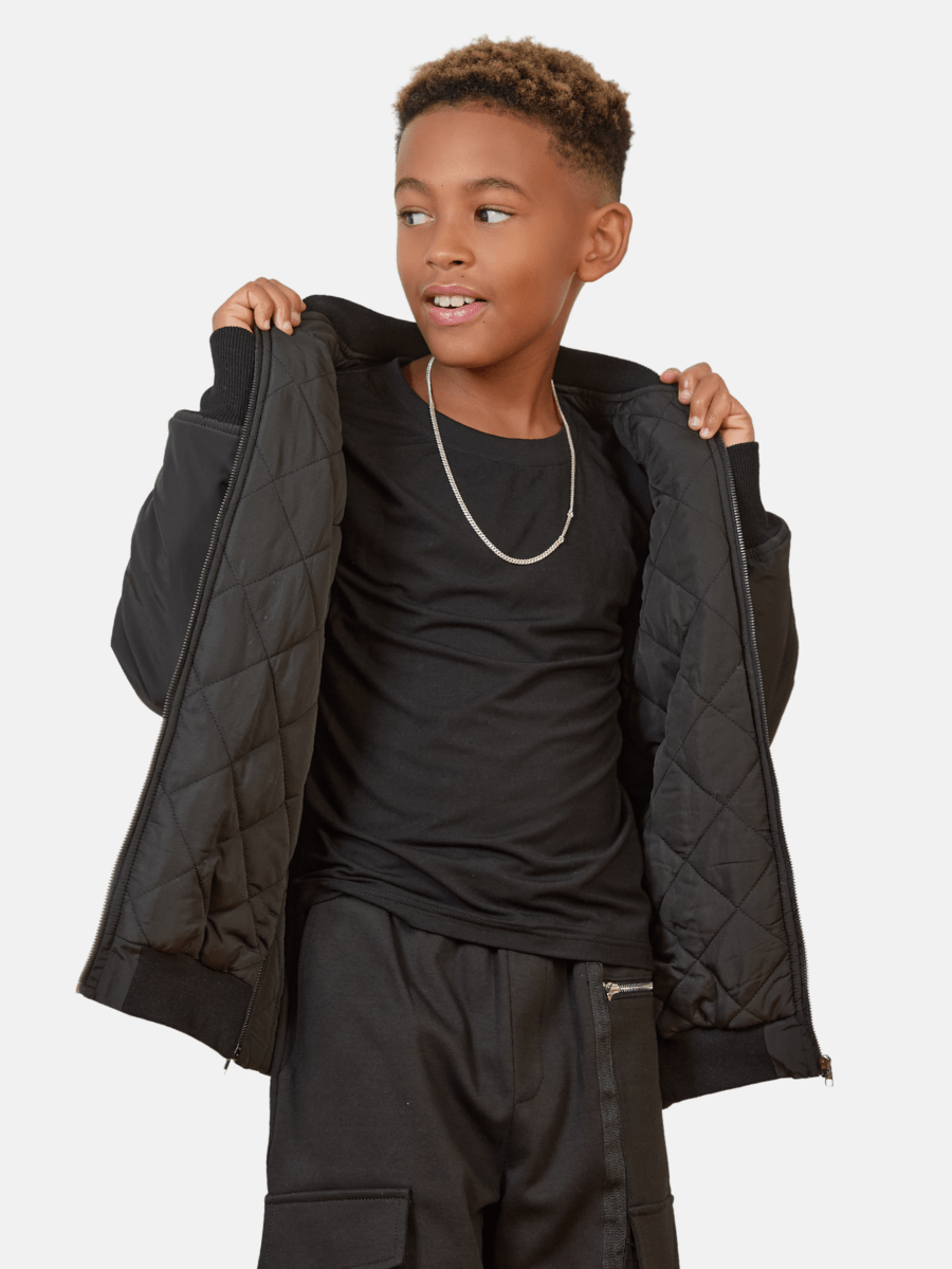 Mi Regalia Jacket Aiden Black Bomber Jacket with Orange Stripe – Luxury Kids Twill Outerwear with Satin Lining & Sporty Detailing Black Bomber Jacket | Luxury Kids Outerwear with Stripe