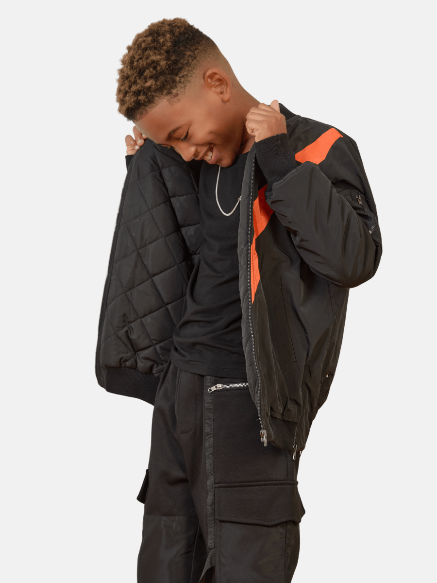Mi Regalia Jacket Aiden Black Bomber Jacket with Orange Stripe – Luxury Kids Twill Outerwear with Satin Lining & Sporty Detailing Black Bomber Jacket | Luxury Kids Outerwear with Stripe