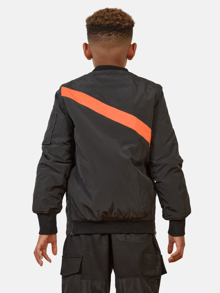Mi Regalia Jacket Aiden Black Bomber Jacket with Orange Stripe – Luxury Kids Twill Outerwear with Satin Lining & Sporty Detailing Black Bomber Jacket | Luxury Kids Outerwear with Stripe