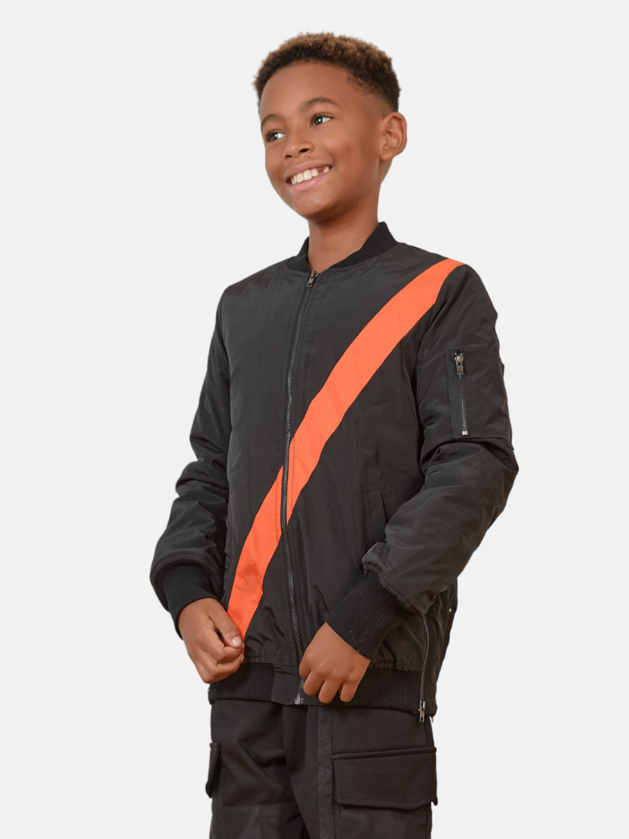 Mi Regalia Jacket Aiden Black Bomber Jacket with Orange Stripe – Luxury Kids Twill Outerwear with Satin Lining & Sporty Detailing Black Bomber Jacket | Luxury Kids Outerwear with Stripe
