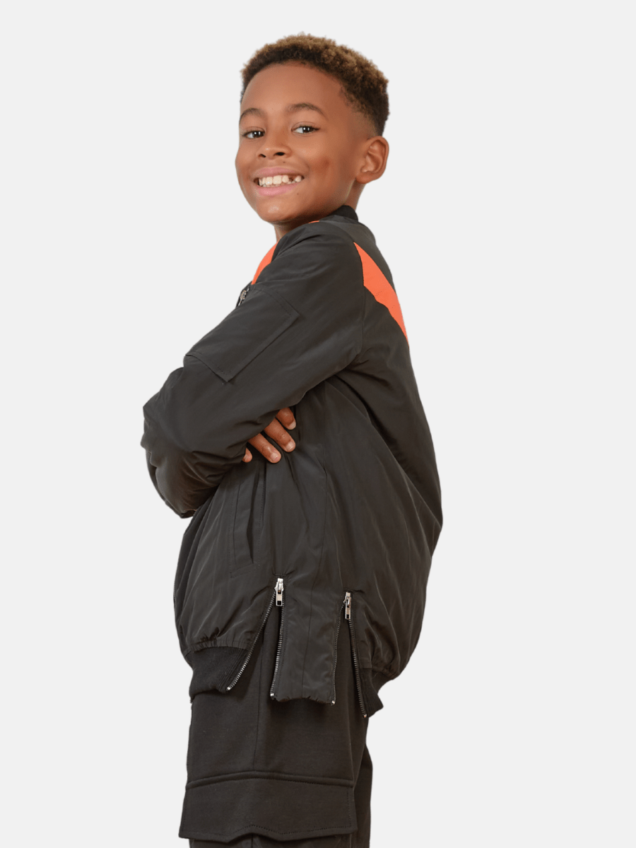 Mi Regalia Jacket Aiden Black Bomber Jacket with Orange Stripe – Luxury Kids Twill Outerwear with Satin Lining & Sporty Detailing Black Bomber Jacket | Luxury Kids Outerwear with Stripe
