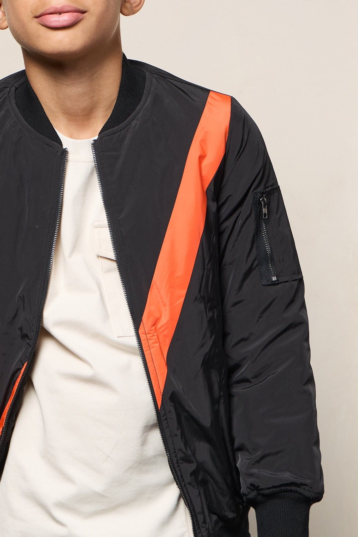 Mi Regalia Jacket Black Bomber Jacket with Orange Stripe – Luxury Kids Twill Outerwear with Satin Lining &amp; Sporty Detailing Black Bomber Jacket | Luxury Kids Outerwear with Stripe