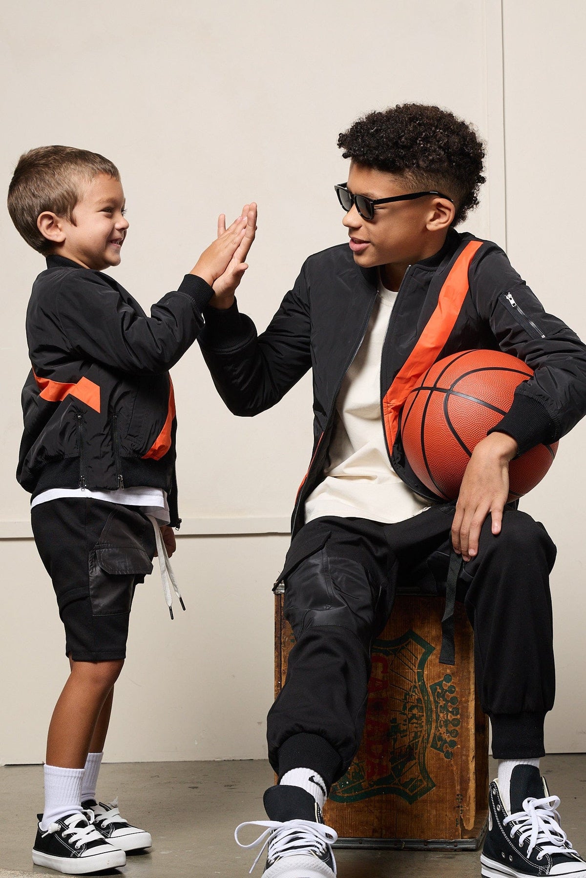 Mi Regalia Jacket Black Bomber Jacket with Orange Stripe – Luxury Kids Twill Outerwear with Satin Lining &amp; Sporty Detailing Black Bomber Jacket | Luxury Kids Outerwear with Stripe
