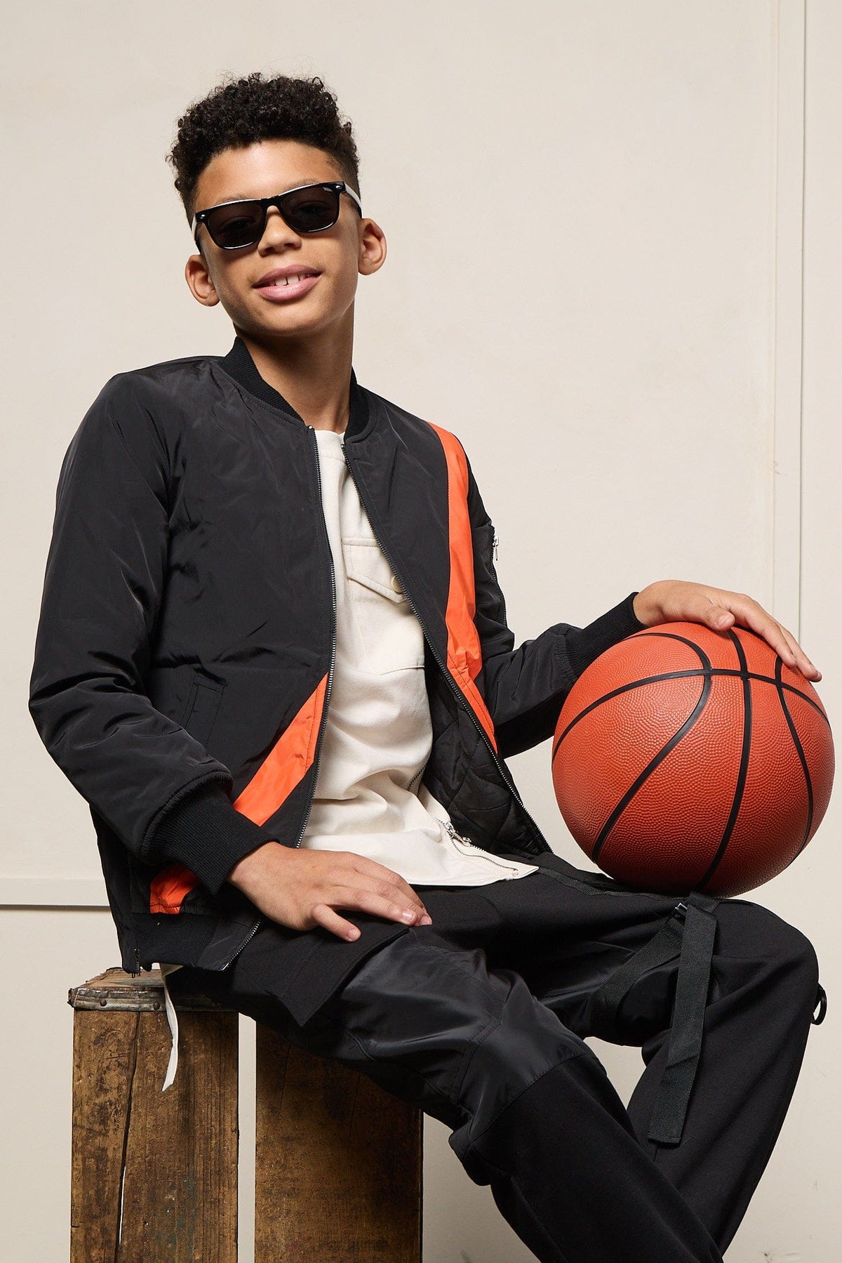 Mi Regalia Jacket Black Bomber Jacket with Orange Stripe – Luxury Kids Twill Outerwear with Satin Lining &amp; Sporty Detailing Black Bomber Jacket | Luxury Kids Outerwear with Stripe