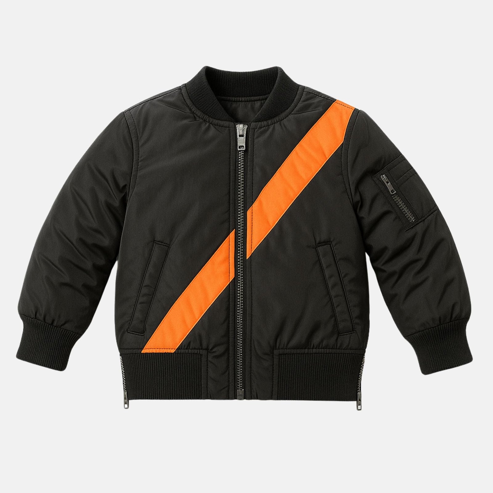 Mi Regalia Jacket Black Bomber Jacket with Orange Stripe – Luxury Kids Twill Outerwear with Satin Lining & Sporty Detailing (Sizes 5Y–10Y) Black Bomber Jacket | Luxury Kids Outerwear with Stripe