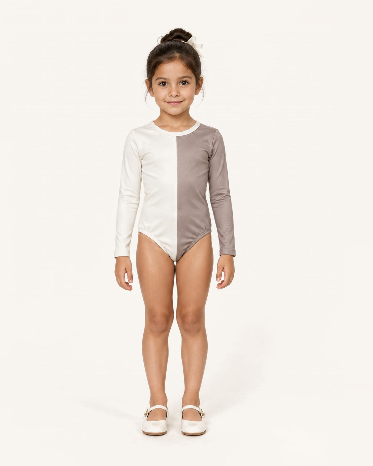 Mi Regalia Leotards Eleanor Gray and Cream Leotard for Girls Grey Leotard for Girls | Neutral Dancewear | Mi Regalia