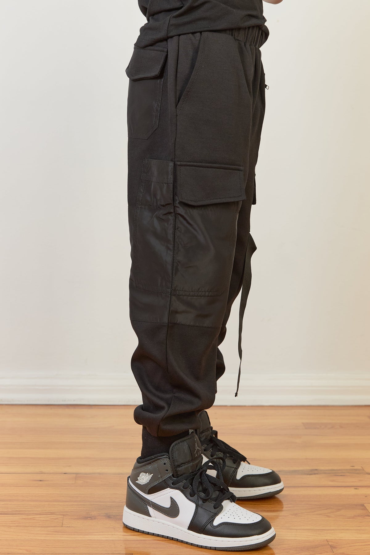 Mi Regalia Pants Milo Black Cargo Jogger Pants – Luxury Kids Streetwear Joggers with Satin Panels & Utility Pockets Black Cargo Joggers | Luxury Kids Streetwear Pants