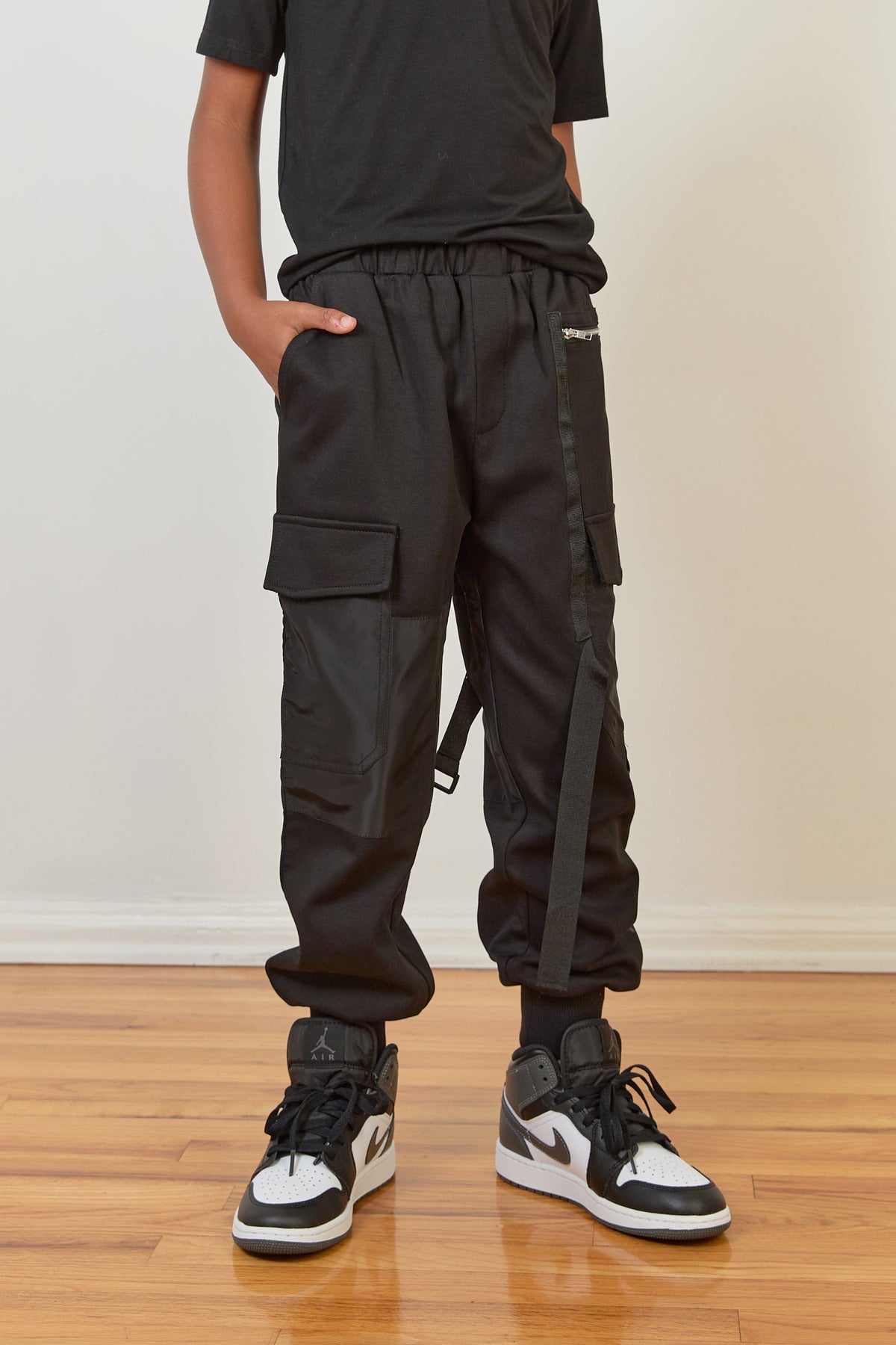 Mi Regalia Pants Milo Black Cargo Jogger Pants – Luxury Kids Streetwear Joggers with Satin Panels & Utility Pockets Black Cargo Joggers | Luxury Kids Streetwear Pants