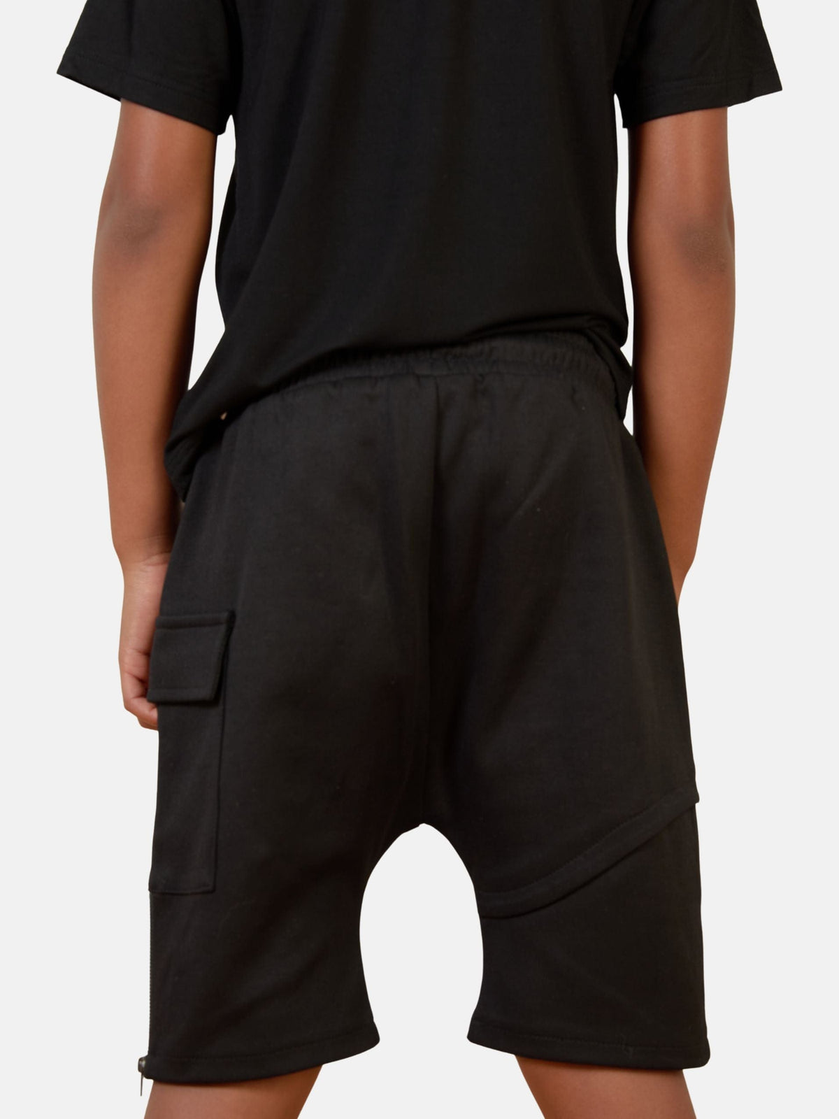 Mi Regalia Shorts Aris Black Utility Drop Crotch Shorts – Luxury Kids Utility Shorts with Satin Panels & Utility Zippers Urban Utility Cargo Shorts | Luxury Kids Streetwear