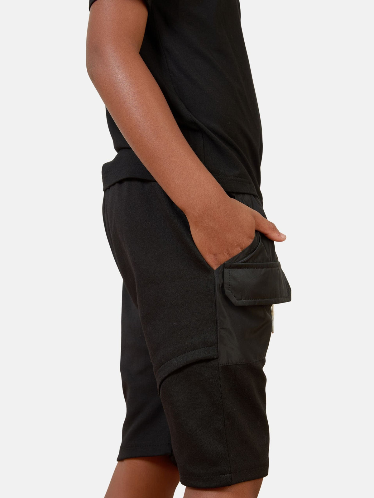 Mi Regalia Shorts Aris Black Utility Drop Crotch Shorts – Luxury Kids Utility Shorts with Satin Panels & Utility Zippers Urban Utility Cargo Shorts | Luxury Kids Streetwear