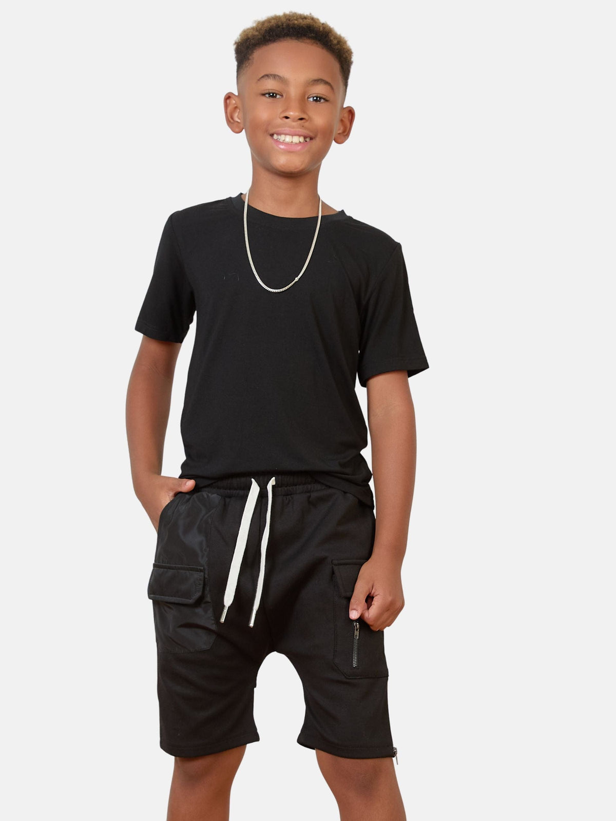 Mi Regalia Shorts Aris Black Utility Drop Crotch Shorts – Luxury Kids Utility Shorts with Satin Panels & Utility Zippers Urban Utility Cargo Shorts | Luxury Kids Streetwear