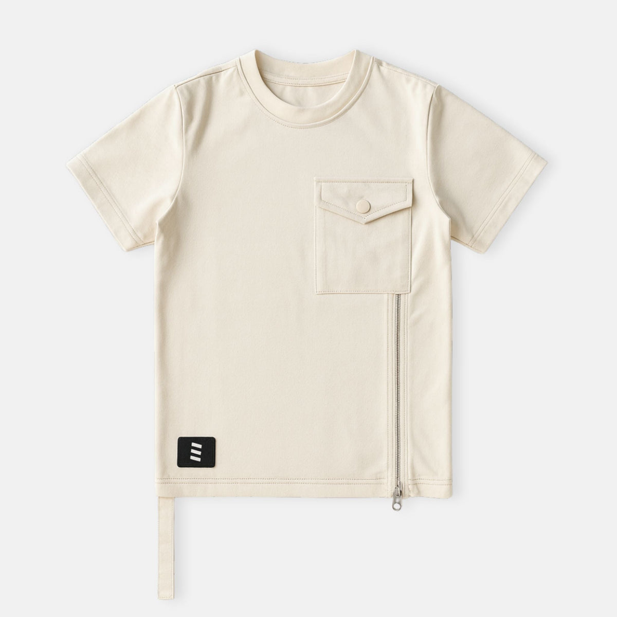 Mi Regalia T-shirts Beige Utility T-Shirt – Luxury Kids Cotton-Blend Tee with Pocket &amp; Zipper Detail (Sizes 5Y–10Y) Beige Utility T-Shirt | Luxury Kids Cotton-Blend Tee