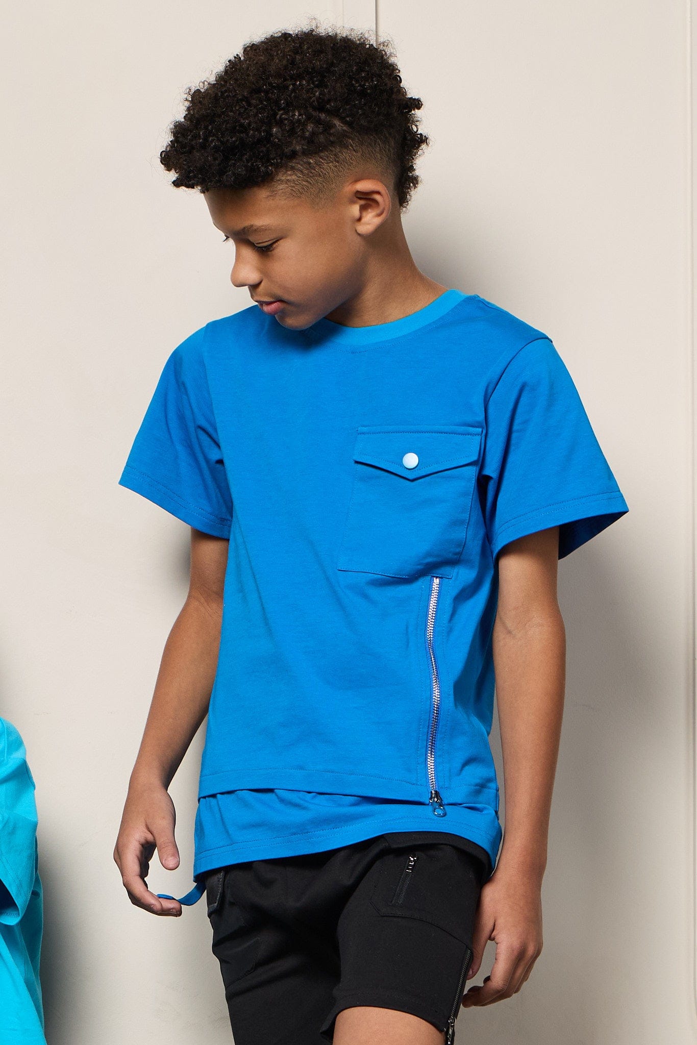 Mi Regalia T-shirts Colbot Blue Streetwear Zip T-Shirt – Luxury Kids Scuba Knit Tee with Pocket & Zipper Detail (Sizes 5Y–10Y) Colbot Blue Zip T-Shirt | Luxury Kids Streetwear Tee