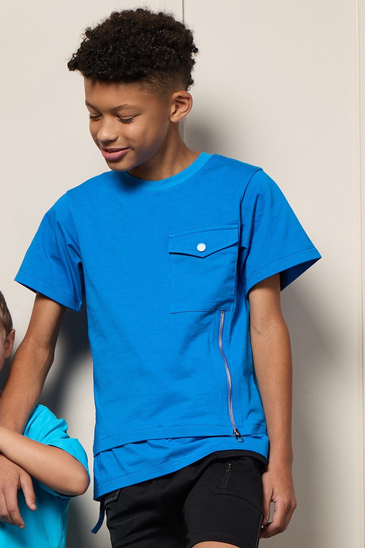 Mi Regalia T-shirts Colbot Blue Streetwear Zip T-Shirt – Luxury Kids Scuba Knit Tee with Pocket &amp; Zipper Detail Colbot Blue Zip T-Shirt | Luxury Kids Streetwear Tee