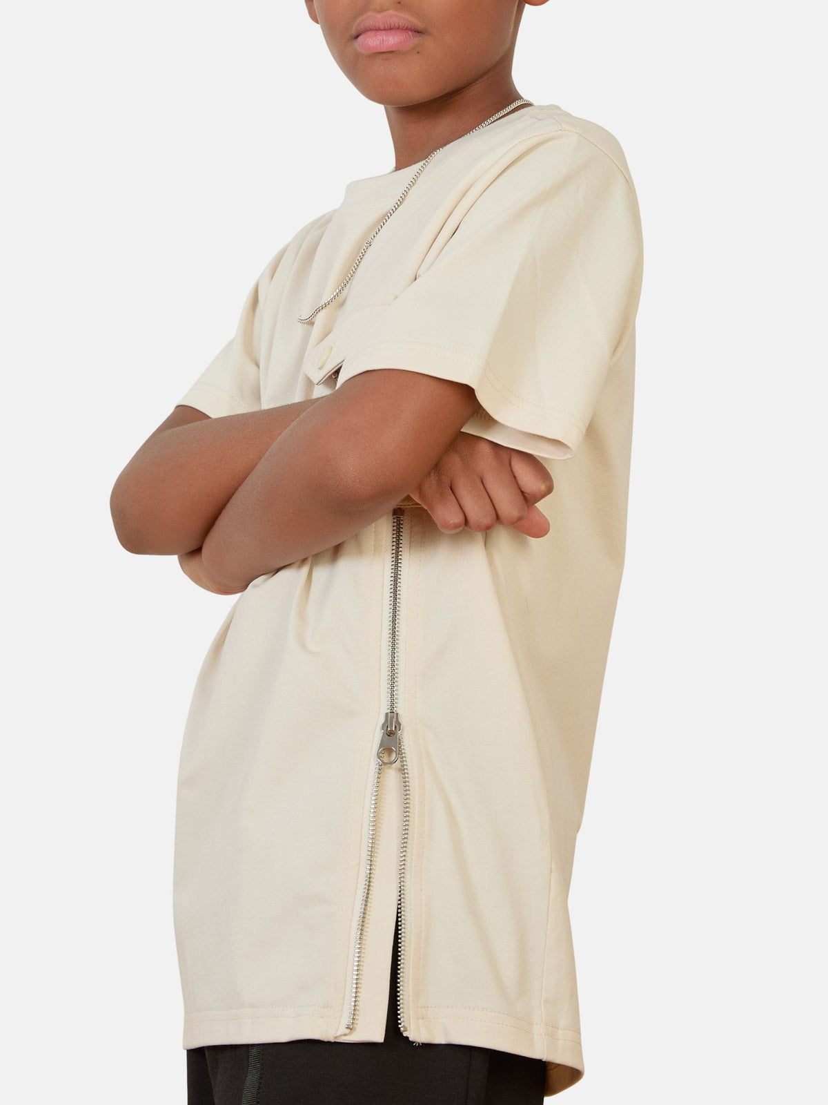 Mi Regalia T-shirts Jules Beige Utility Tee – Luxury Kids Cotton-Blend with Pocket & Zipper Detail Beige Utility T-Shirt | Luxury Kids Cotton-Blend Tee