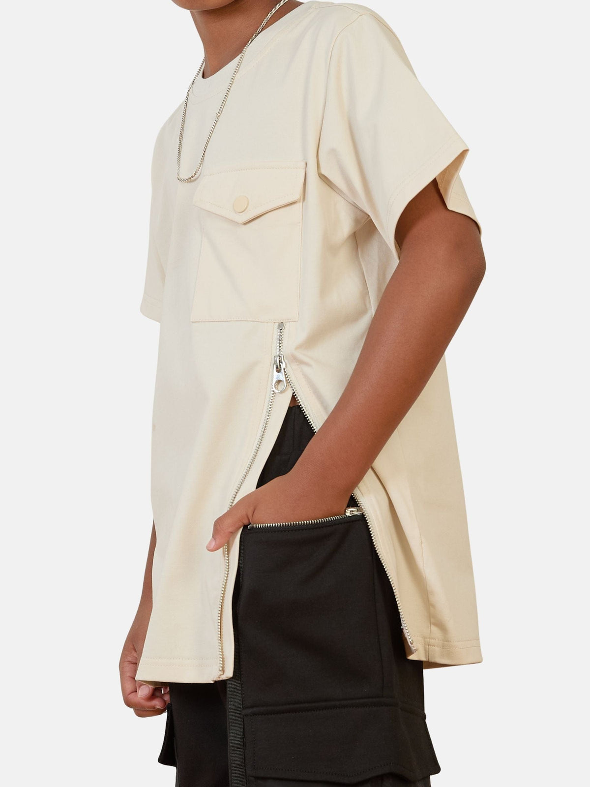 Mi Regalia T-shirts Jules Beige Utility Tee – Luxury Kids Cotton-Blend with Pocket & Zipper Detail Beige Utility T-Shirt | Luxury Kids Cotton-Blend Tee