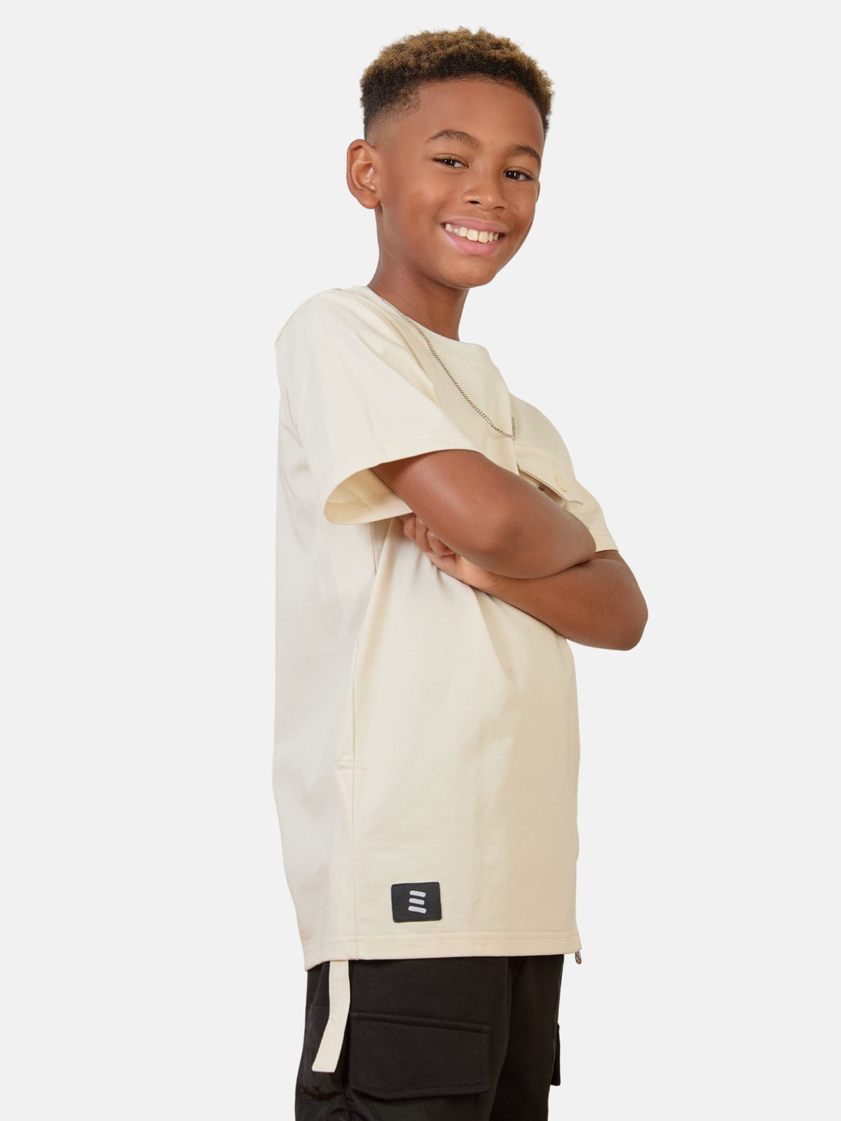 Mi Regalia T-shirts Jules Beige Utility Tee – Luxury Kids Cotton-Blend with Pocket & Zipper Detail Beige Utility T-Shirt | Luxury Kids Cotton-Blend Tee