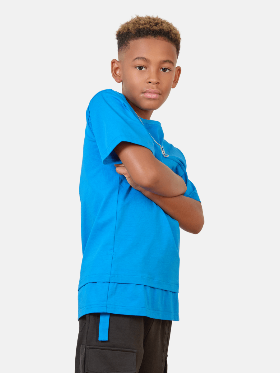 Mi Regalia T-shirts Leo Colbot Blue Utility Tee – Luxury Kids Scuba Knit with Pocket & Zipper Detail Colbot Blue Zip T-Shirt | Luxury Kids Streetwear Tee