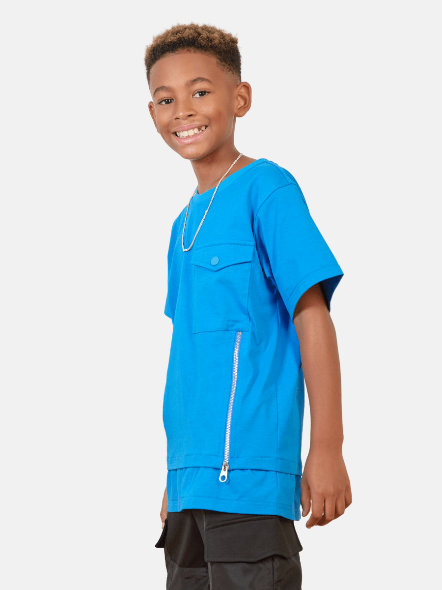 Mi Regalia T-shirts Leo Colbot Blue Utility Tee – Luxury Kids Scuba Knit with Pocket & Zipper Detail Colbot Blue Zip T-Shirt | Luxury Kids Streetwear Tee