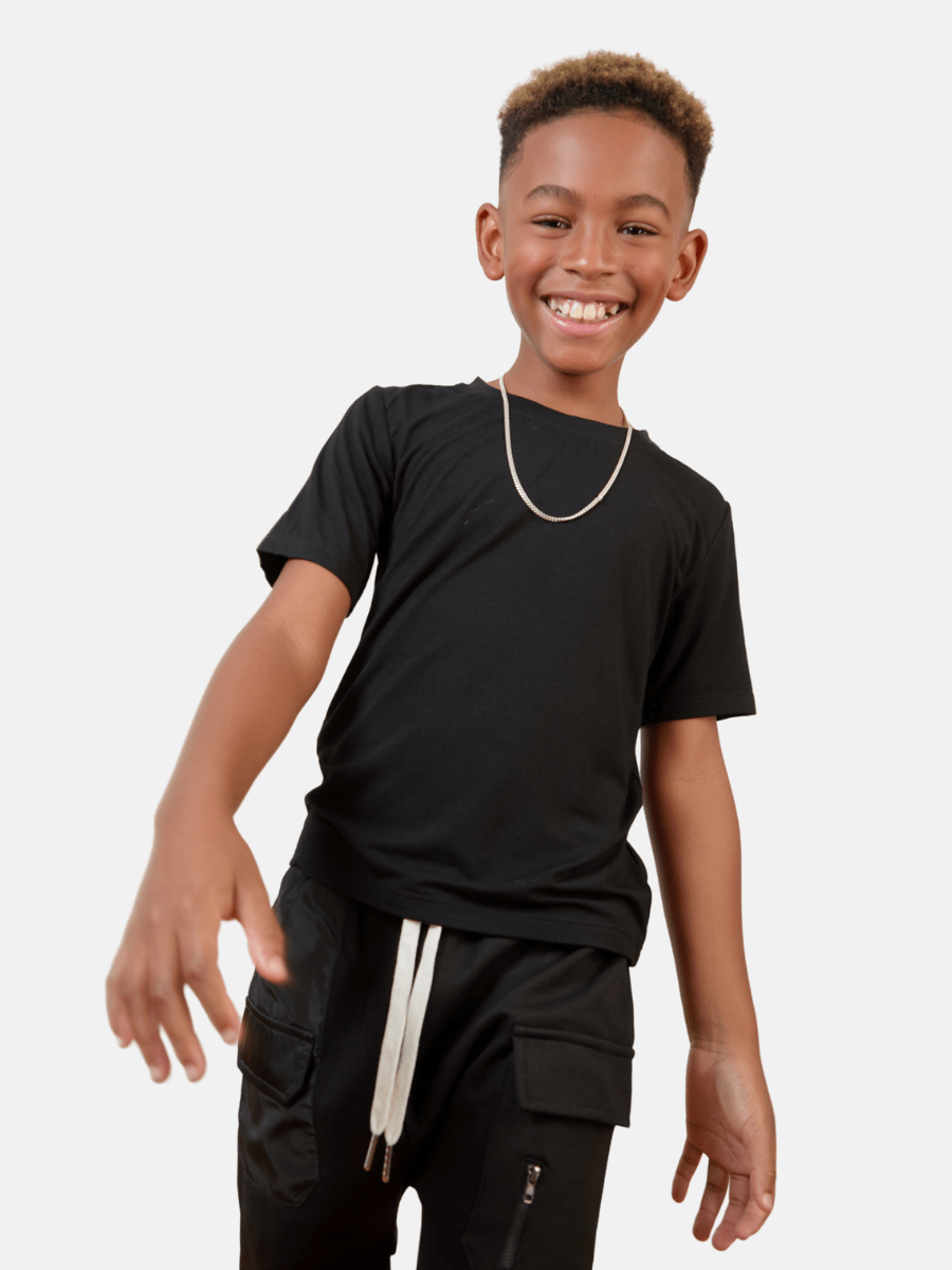 MI REGALIA Tops Noor Classic Black Tee – Luxury Kids Unisex Cotton Jersey T-Shirt with Ribbed Crewneck & Reinforced Seams Classic Black Tee | Luxury Kids Cotton T-Shirt