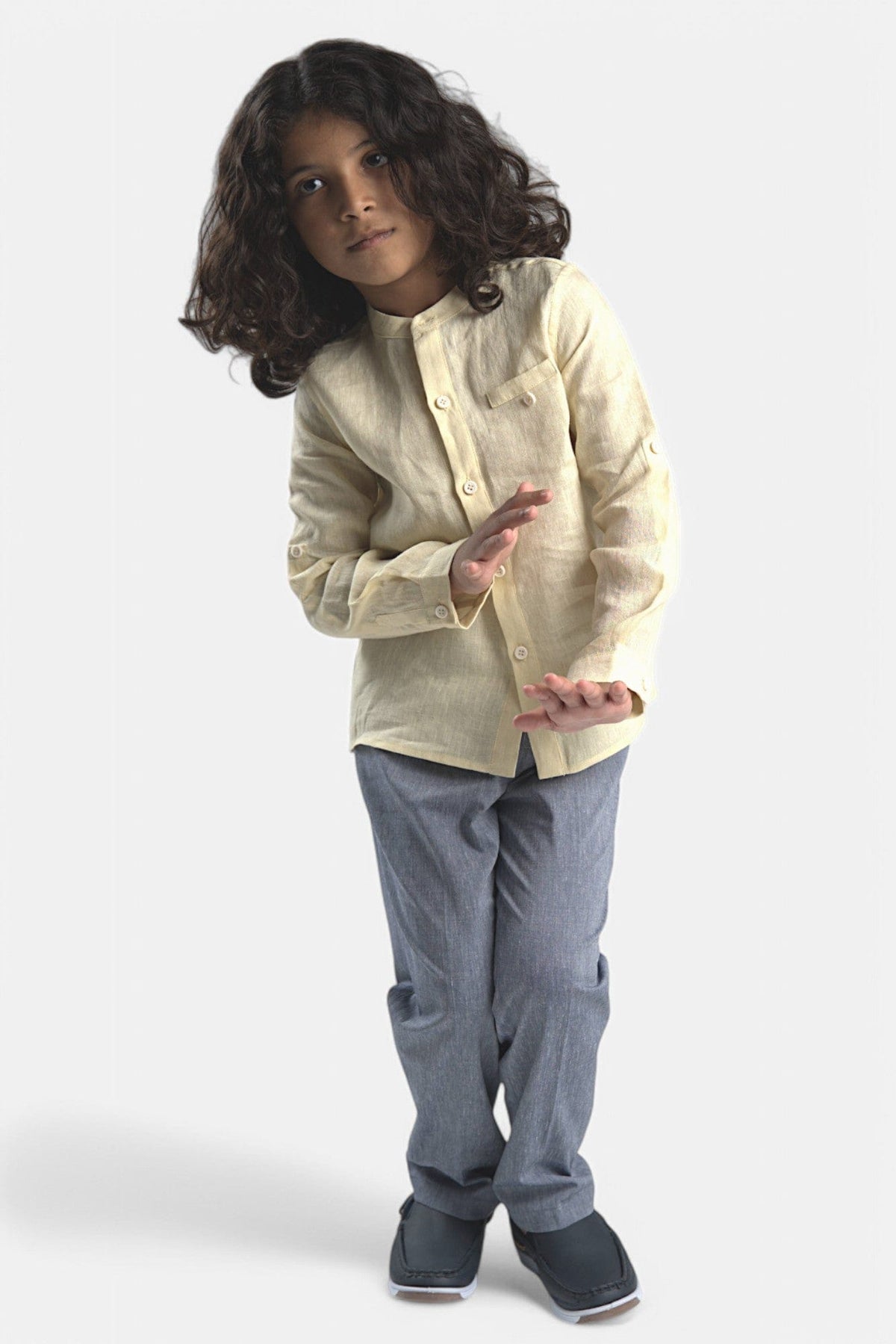 Mi Regalia Tops Oliver Yellow Linen Button-Up Shirt Oliver Shirt Linen Yellow for Boys | MI REGALIA Kidswear